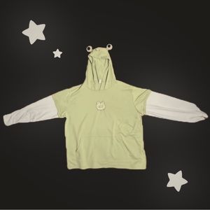 green hoodie with frog embroidery
